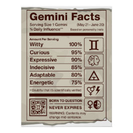Póster Gemini Zodiac Nutrition Facts Poster - Aniversário