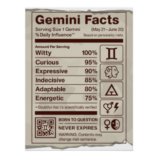 Póster Gemini Zodiac Nutrition Facts Poster - Aniversário