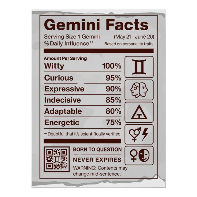 Póster Gemini Zodiac Nutrition Facts Poster - Off White (Frente)