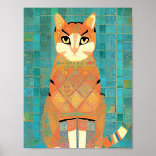 Poster Gengibre de mosaico de gato em fundo de turquesa