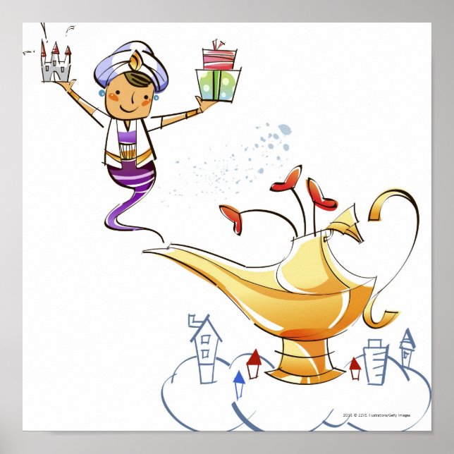 Póster Genie trazendo uma casa e presentes de uma lâmpada (Frente)