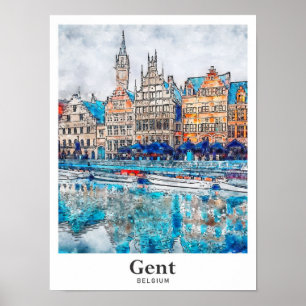 Poster Gent Belgium Viagem Watercolor Drawn