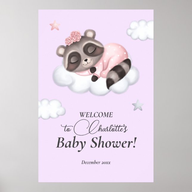 Poster GentBaby Girl Raccoon Chá de fraldas Lilac Bem-vin (Frente)