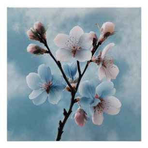 Póster Gentil Azul Botânico: Design Floral Minimalista