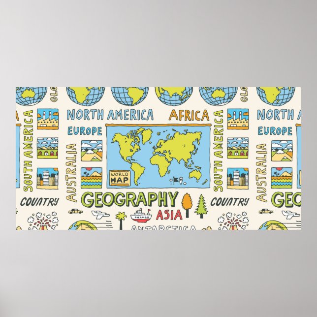Poster Geografia. Desenho a mão. Ilustração Vintage. (Frente)
