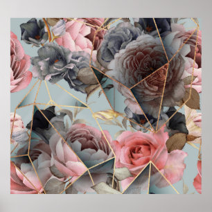 Poster Geometria de cristal floral, fundo de luz aquosa