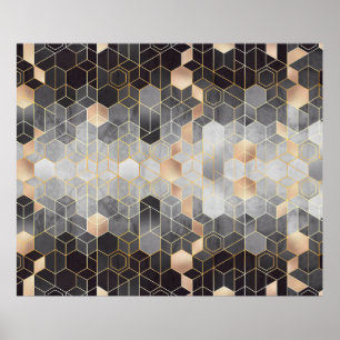 Poster Geometric abstraction of hexagons on a black and w