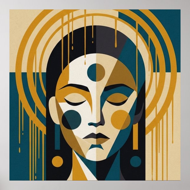 Poster Geometric Zen Portrait in Teal and Ochre (Frente)