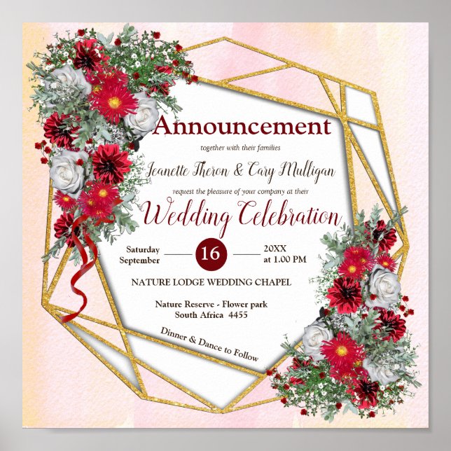 Poster Geométrico - Buquês Dourados da Borgonha Glitter (Frente)