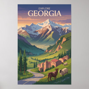 Poster Geórgia Montanhas do Cáucaso Viagem Arte Vintage