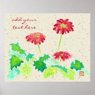 Poster Gerbera Watercolor Painting Red Green Washington P