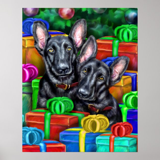 Póster German shepherd Abrir presentes Natal preto (Frente)