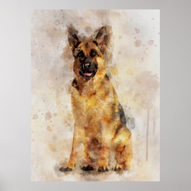 Poster German shepherd Cachorro - Retrato de Aquarela 03 (Frente)