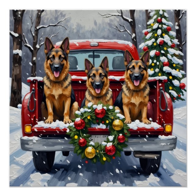 Póster German Shepherd Christmas Red Truck Holiday (Frente)