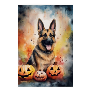 Póster German shepherd De Halloween Com Abóboras Assustad