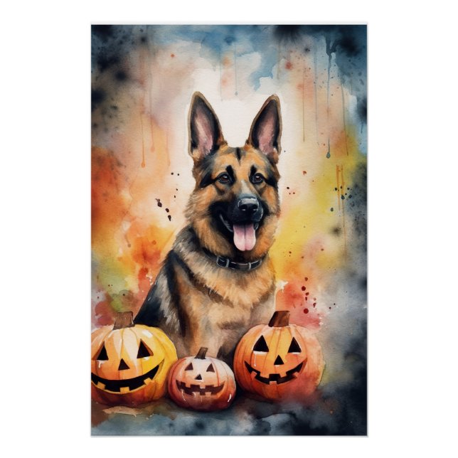 Póster German shepherd De Halloween Com Abóboras Assustad (Frente)