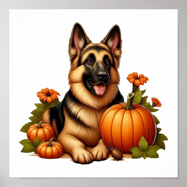 Poster German shepherd Descansado com Bombas e Flores (Frente)