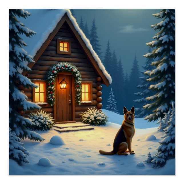 Póster German Shepherd Snowy Forest Cabin Christmas Paint (Frente)
