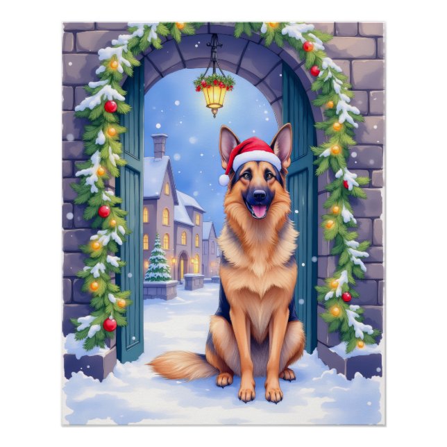 Póster German Shepherd Snowy Town Gate Santa Christmas (Frente)