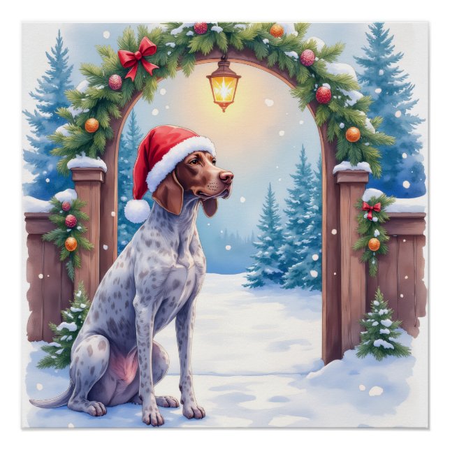 Póster German Shorthaired Pointer Snowy Gate Santa Hat (Frente)