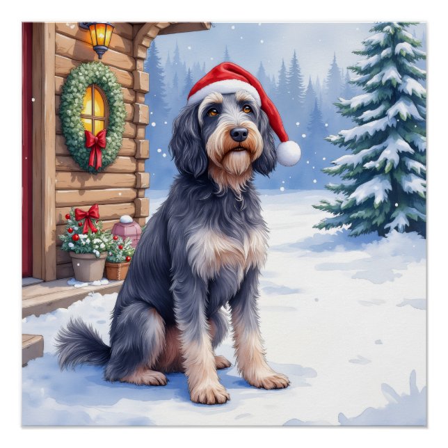 Póster German Wirehaired Pointer Snowy Lodge Santa Hat (Frente)