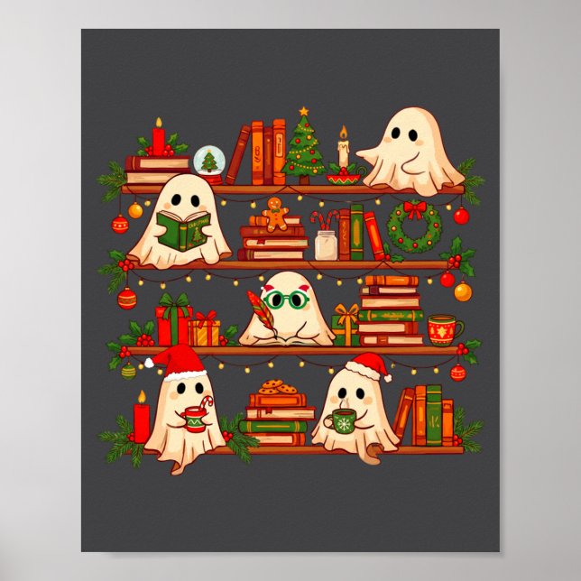 Poster Ghost Christmas Hat Reading Book Bookshelf Lover L (Frente)