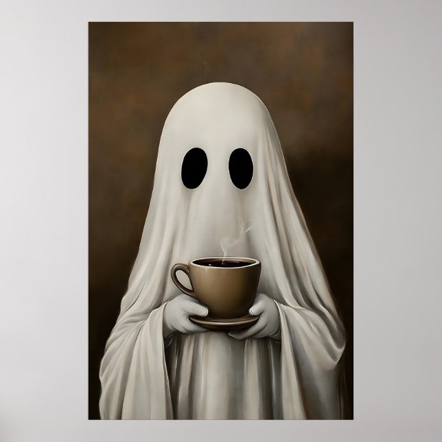 Poster Ghost Drinking Coffee Print, Ghost Tea Whimsical (Frente)
