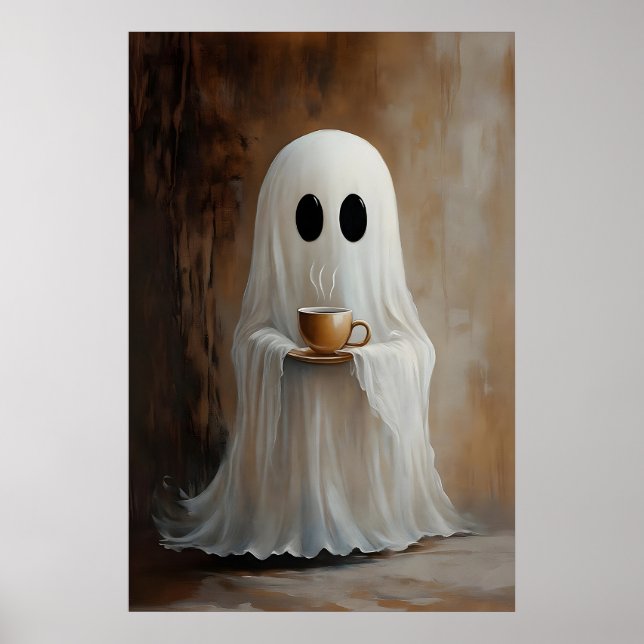 Poster Ghost Drinking Coffee Print, Ghost Tea Whimsical (Frente)