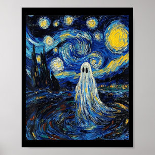 Poster Ghost Halloween - Estilo Van Gogh - Noite Estrelad