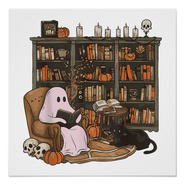 Póster Ghost Reading Book Cat lover Halloween (Frente)