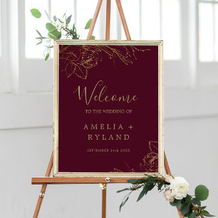 Poster Gilded Floral Burgundy Dourado Casamento Bem-Vindo