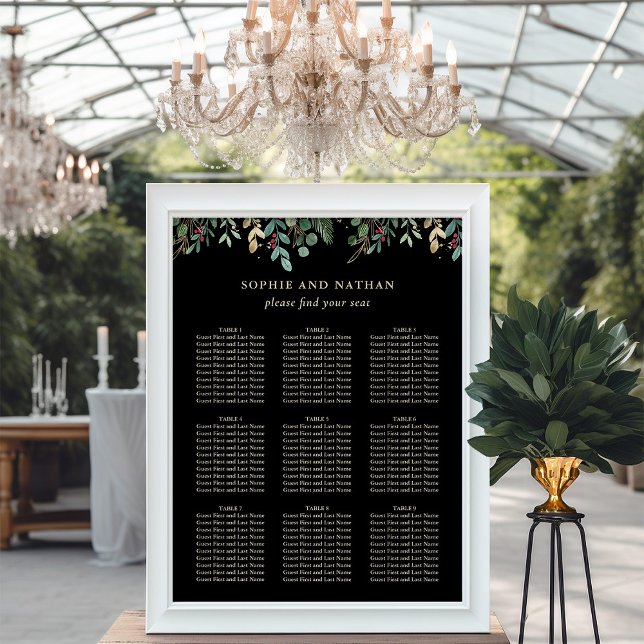 Poster Gilded Greenery Black | Casamento de Natal (An elegant seating chart on black for your Christmas holiday wedding)