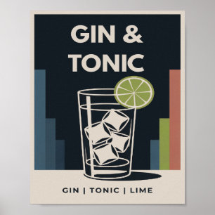 Poster Gin e Tónica Arte Deco Vintage Gráfico de Coquetel