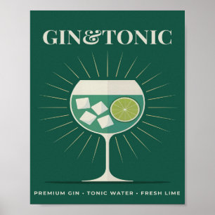 Poster Gin e Tónico Gráfico de Coquetel Retro Verde Escur