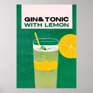 Poster Gin Tonic com Lemon Green Retro Art