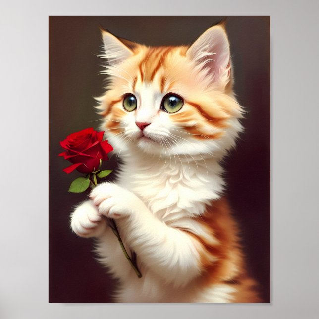 Poster Ginger Cat Bonita segurando uma Rosa vermelha. Pin (Frente)