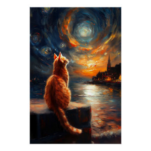 Póster Ginger Cat Contemplativo Starry Night Sky