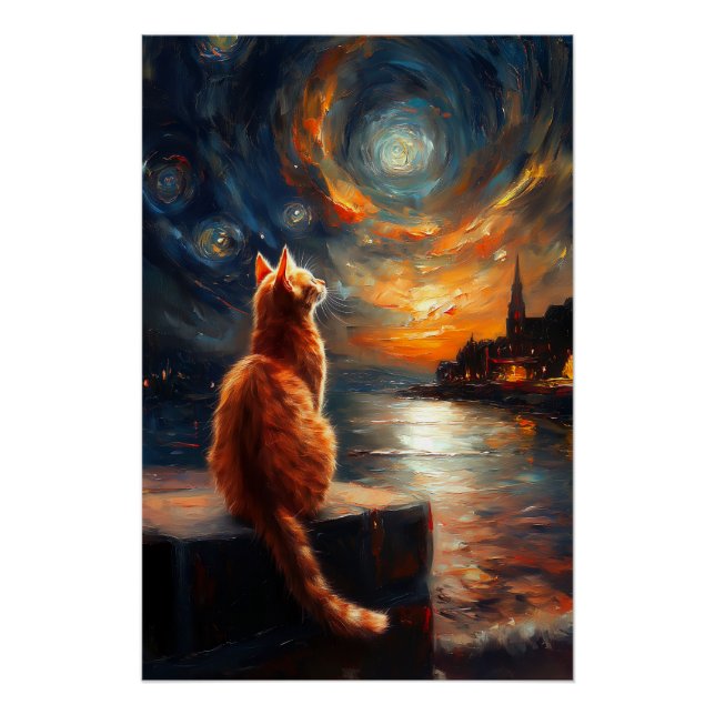 Póster Ginger Cat Contemplativo | Starry Night Sky (Frente)