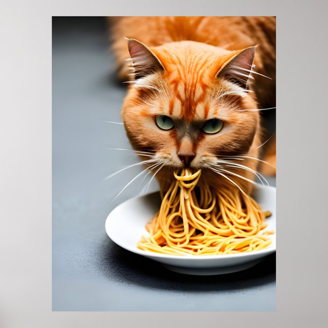Poster Ginger Cat Eating Spagetti (Frente)