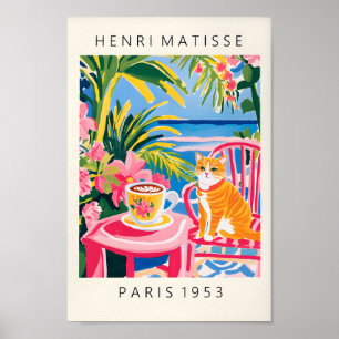 Poster Ginger Tabby Cat Bebendo Café, Arte Rosa
