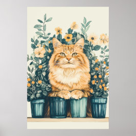 Poster Ginger Tabby Cat Cercado por Flores Sentindo