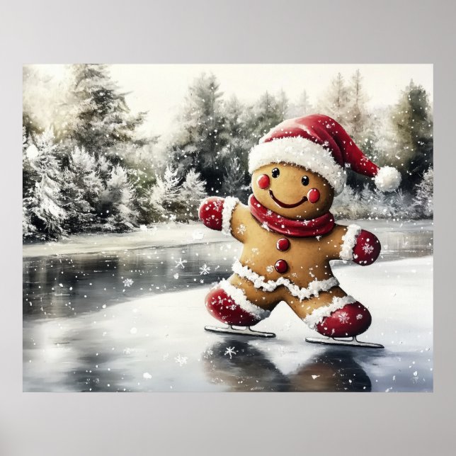 Poster Gingerbread Man Skating Print Christmas Art (Frente)
