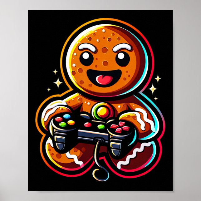 Poster Gingerbread Playing Video Game Controller Gamer Ch (Frente)