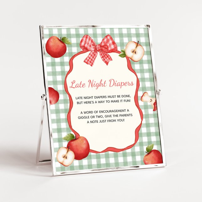 Poster Gingham Apple do nosso Sinal de Fraldas Noturnas A (Gingham Apple of our Eye Baby Shower Late Night Diapers Sign)