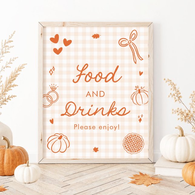 Poster Gingham Laranja de Outono Comida e Bebidas Desenha (Fall Orange Gingham Hand Drawn Food and Drinks Sign)