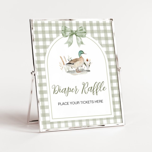 Poster Gingham Mallard Duck Baby Shower Fralda Sinal Raff (Sage Green Gingham Mallard Duck Hunting Country Baby Shower Sign)