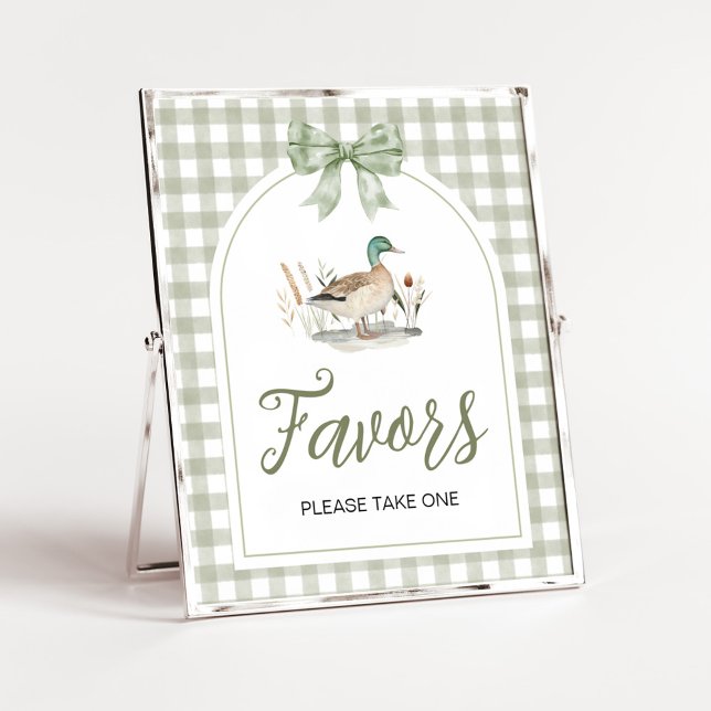 Poster Gingham Mallard Duck Chá de fraldas Favorece Sinal (Sage Green Gingham Mallard Duck Hunting Country Baby Shower Sign)