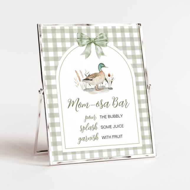 Poster Gingham Mallard Duck Chá de fraldas Mãe Bar Osa (Sage Green Gingham Mallard Duck Hunting Country Baby Shower Sign)