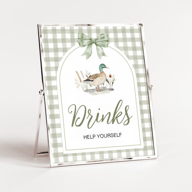 Poster Gingham Mallard Duck Chá de fraldas Sinal (Sage Green Gingham Mallard Duck Hunting Country Baby Shower Sign)