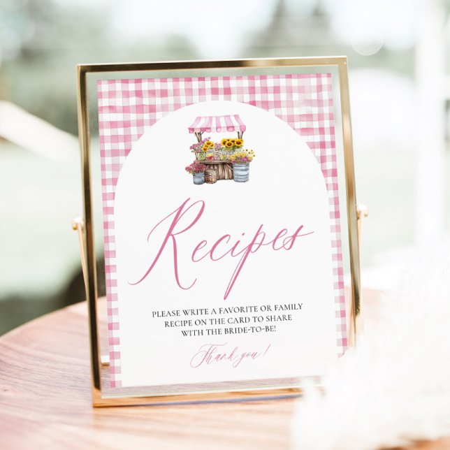 Poster Gingham Rosa Fresco Do Mercado Recebe Chá (Watercolor Pink Gingham Fresh Off The Market Bridal Shower Recipes Sign)